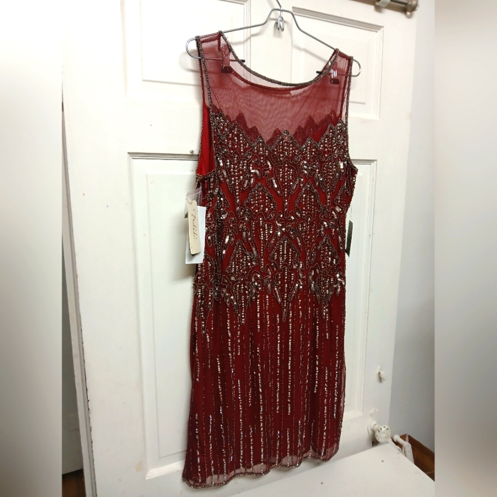 Prelude Elegant Cranberry Red Beaded Rayon Knee High Dress Size 16 New With Tags - Picture 3 of 11